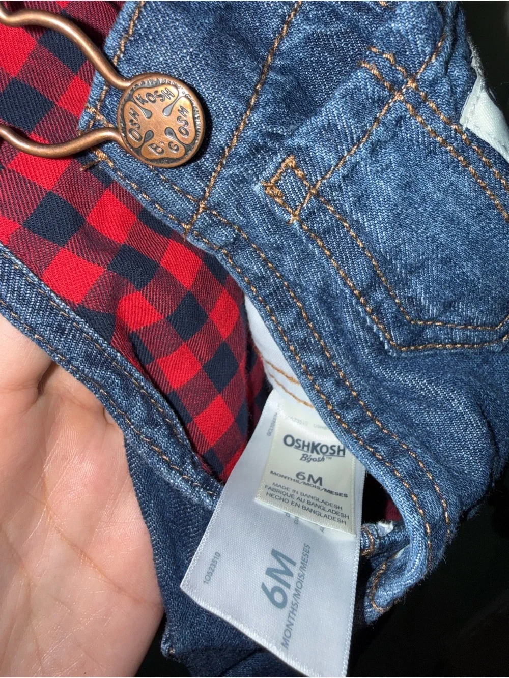 OshKosh B'gosh girls Blue Denim Overalls Plaid Lined 3-6 Months